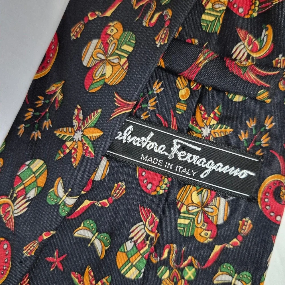 Salvatore Ferragamo Tie Men Black Silk Bird Butterfly Floral Print Italy Necktie